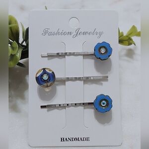 Floral Boho Rhinestone Czech Glass Blue Bead Hair Pin Set